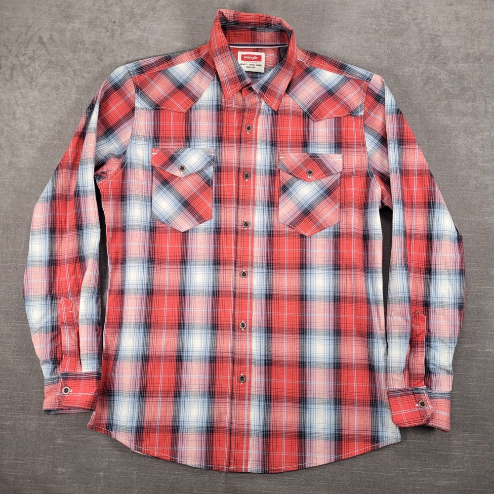 Wrangler Western Shirt Plaid Long Sleeve Button Up Red Blue Mens‎ Size M